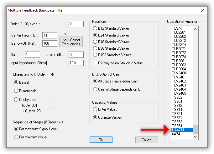 The new created opamp model is available
for a filter design with AktivFilter