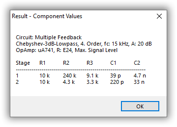 Component values of your designed active filter