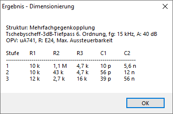 Dimensionierung des entworfenen aktiven Filters