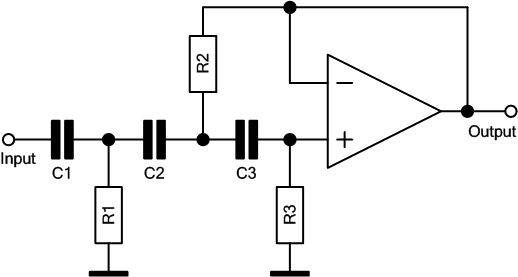Hochpass mit Sallen-Key-Struktur 3. Ordnung mit 1 OPV, Verstärkung 0 dB