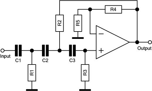 Hochpass mit Sallen-Key-Struktur 3. Ordnung mit 1 OPV, Verstärkung > 0 dB
