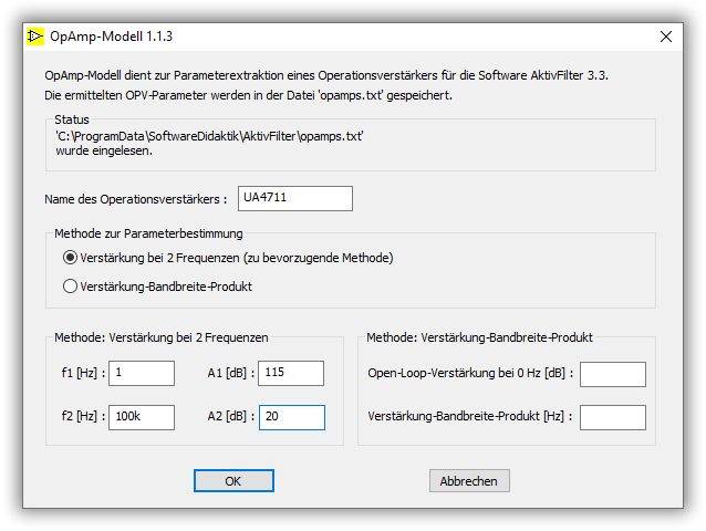 Eingaben für die Parameterextraktion bei zwei Frequenzen