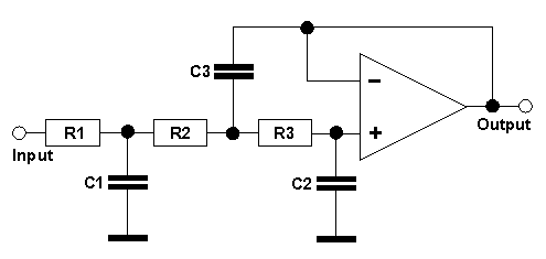 Tiefpass mit Sallen-Key-Struktur 3. Ordnung mit 1 OPV, Verstärkung 0 dB