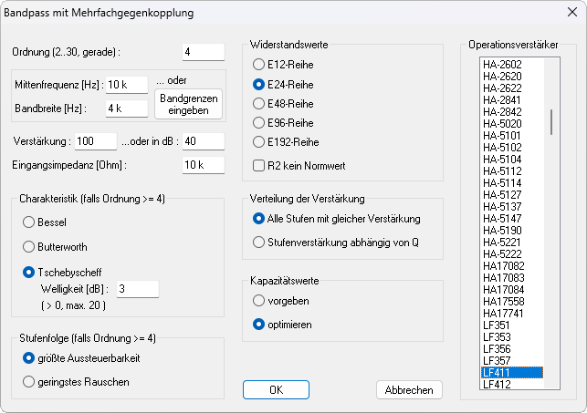 Bandpassfilter komplett spezifizieren - in einem einzigen Dialog