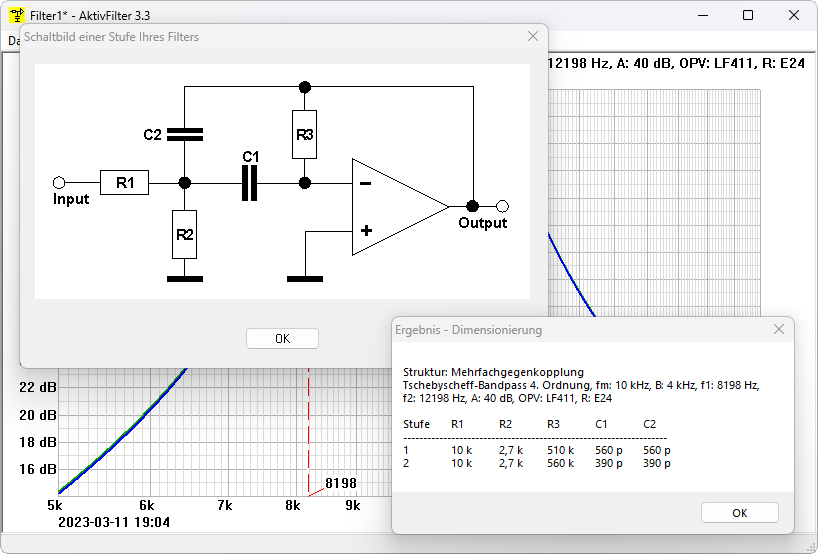 Schaltbild und Dimensionierung des entworfenen Bandpassfilters